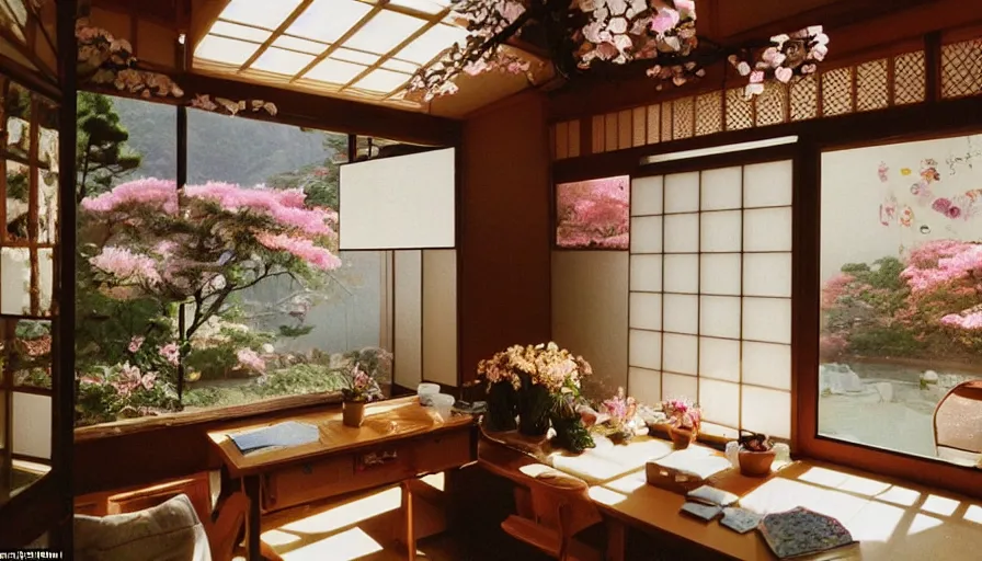 Image similar to 1 9 9 0 s candid 3 5 mm photo of a beautiful day in the a dreamy japanese flowery cottage designed by gucci, cinematic lighting, cinematic look, golden hour, a desk for flower arrangements and journaling has sun shinning on it through a window, temple in the distance, photographed by petra collins, uhd