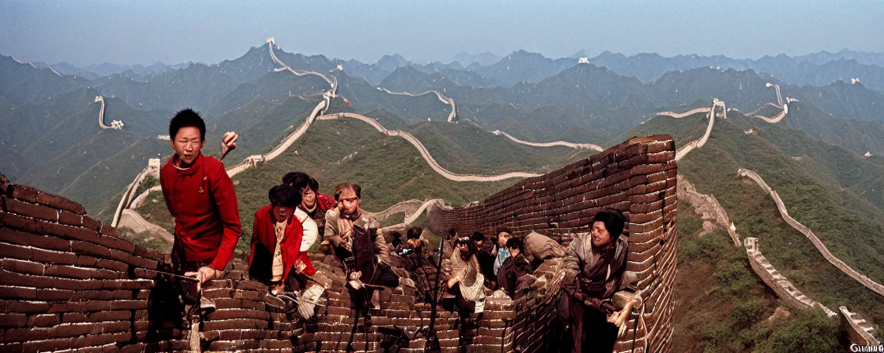 Image similar to spaghetti on top of building the great wall of china, fine detail, canon 5 0 mm, in the style wes anderson, kodachrome, retro