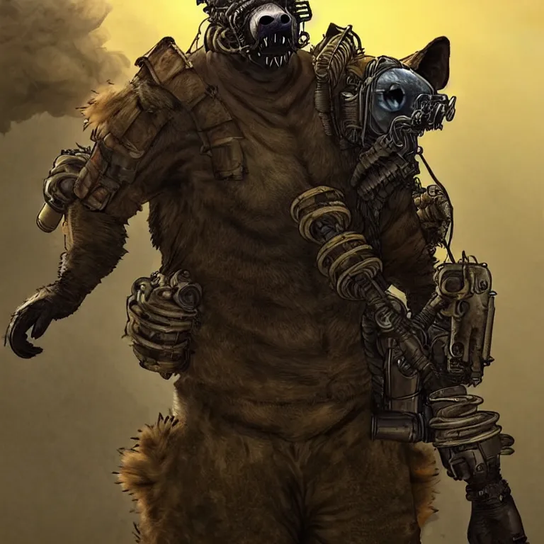 Image similar to a good ol'hyena fursona ( from the furry fandom ), heavily armed and armored facing down armageddon in a dark and gritty version from the makers of mad max : fury road. witness me.