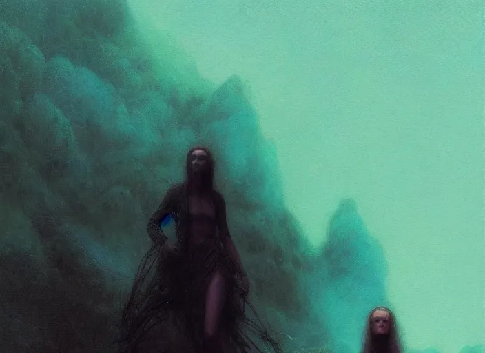 Image similar to turquoise fog in the void, black background hyperrealism, no blur, 4 k resolution, ultra detailed, style of carlos schwabe, dariusz zawadzki, tom bagshaw, tom bagshaw, ismail inceoglu, robert mccall