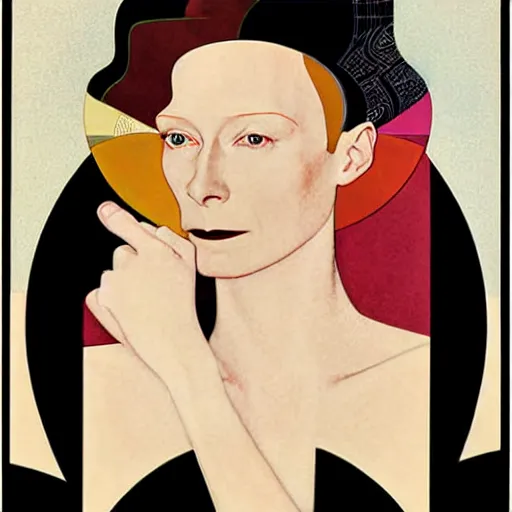 Image similar to a portrait by coles phillips of the stunningly beautiful actree, tilda swinton, mucha, kandinsky, art deco, decadence,