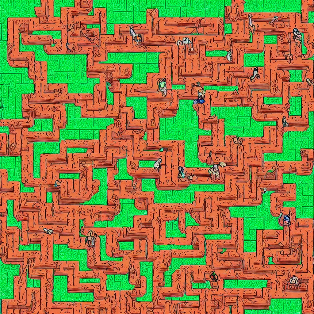 Prompt: wimmelbilder maze made of arcade donkey kong mario ladders, isometric, very sharp