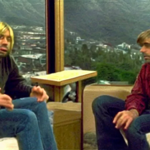 Prompt: Joe rogan interviewing with Kurt Cobain, low quality, vhs quality, late 2000’s