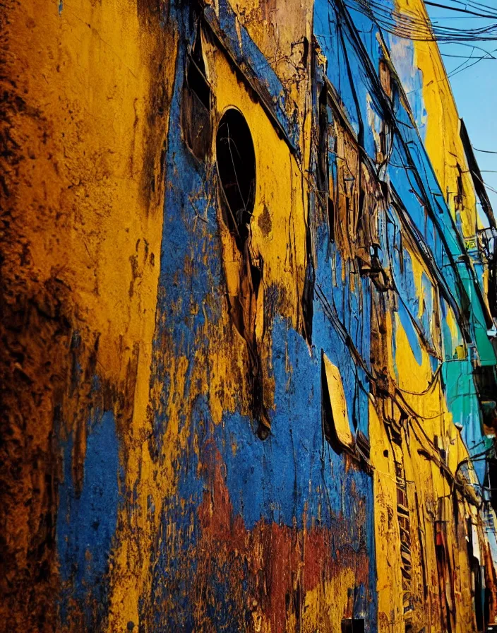 Prompt: vintage color photo of a liquid gold sculpture in a favela alley, photography by werner herzog