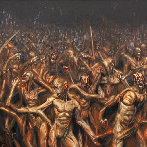 Prompt: Procession of the damned by Wayne Barlow, oil painting, detailed, clean brush strokes, wide angle, sinister horror