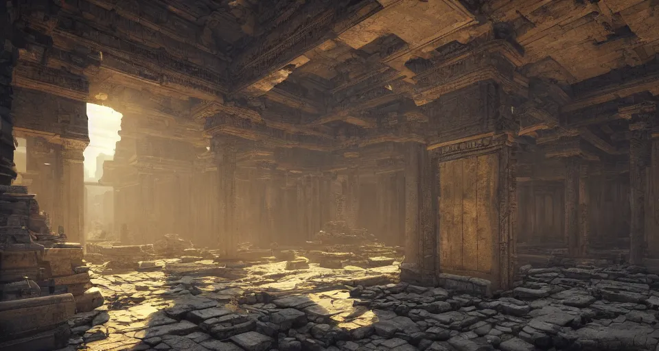 Prompt: The interior of an mytical and ancient temple in ruins, hyperdetailed, artstation, cgsociety, golden hour 8k