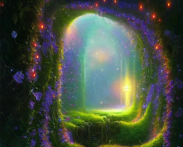 Prompt: sparkling cosmic flower tunnel, radiant light, fireflies, moonlight, celestial scenery, volumetric lighting, ferdinand knab, alena aenami, artstation