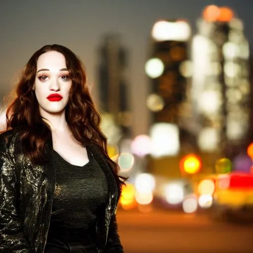 Image similar to a still of KAT DENNINGS. Shallow depth of field. City at night in background, lights, colors ,studio lighting, mood, 4K. Profession photography