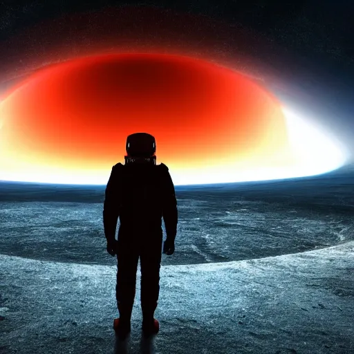 Image similar to astronaut standing in front of an eerie alien cathedral on a dystopian planet with a vortex made of obsidian floating in the red sky above, realistic