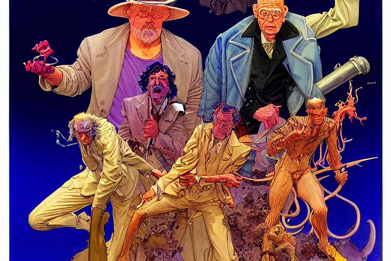 Image similar to a hyperrealist watercolour character concept art portrait of science fiction move poster, multiple characters, well lit night in las vegas, nevada. by rebecca guay, michael kaluta, charles vess and jean moebius giraud