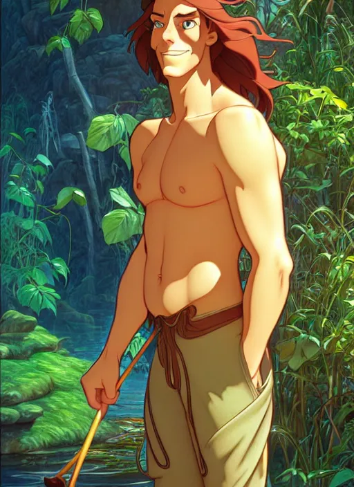 Prompt: cute fisherman tarzan, natural lighting, path traced, highly detailed, high quality, digital painting, by don bluth and ross tran and studio ghibli and alphonse mucha, artgerm