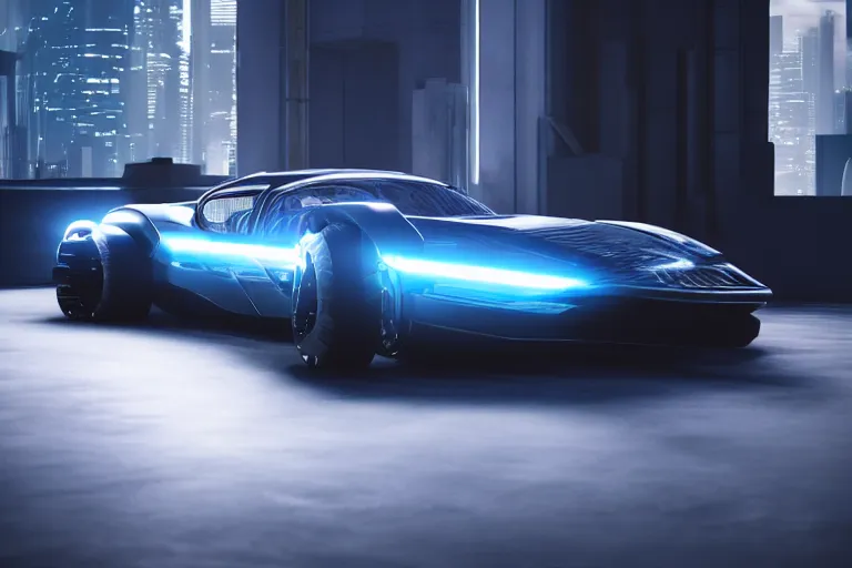 Image similar to cyberpunk ford concept inspired sports car, futuristic look, highly detailed body, very expensive, photorealistic camera shot, bright studio setting, studio lighting, crisp quality and light reflections, unreal engine 5 quality render