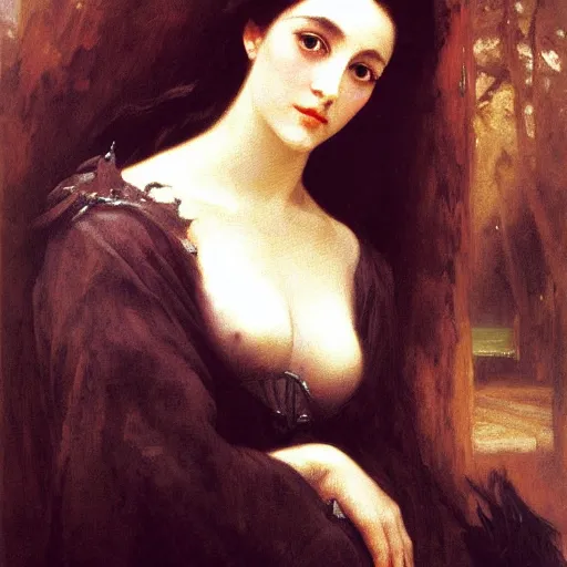 Image similar to oil painting of princess Vulvine, Hungarian, curly dark hair, fair skin, dark ominous, blurred background by Georgia o Keeffe, by Marcel Jankowicz, by Bouguereau, by Gustave Moreau, concept art, master, realism, romantism