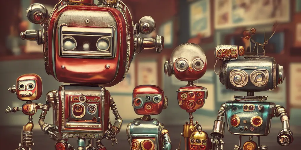 Image similar to closeup portrait of tin toy retro living room of robot family, depth of field, zeiss lens, detailed, centered, fashion photoshoot, by nicoletta ceccoli, mark ryden, lostfish, breathtaking, 8 k resolution, extremely detailed, beautiful, establishing shot, artistic, hyperrealistic, octane render, - h 8 0 4