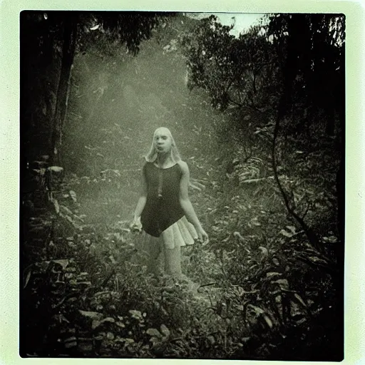 Image similar to an ancient evil-girl devouring the souls of the human kind on a mysterious Colombian jungle, mist, abandoned house, 1910 polaroid photography, grainy film, Black and white