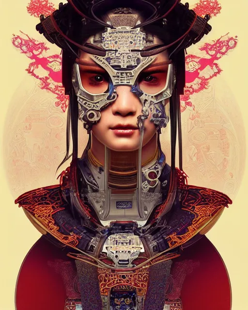 Image similar to portrait of a cyberpunk machine, machine face, upper half portrait, decorated with chinese opera motifs, asian, fine china, wuxia, traditional chinese art, intricate, elegant, highly detailed, symmetry, headpiece, digital painting, artstation concept art smooth sharp focus, illustration, art by artgerm and greg rutkowski alphonse mucha 8 k