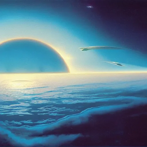 Image similar to ocean planet in the clouds, cinematic angle, cinematic lighting, by Syd Mead, John Harris, Federico Pelat