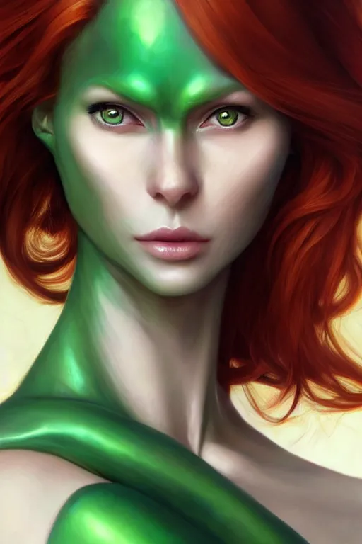 Prompt: Redhead alien human beautiful hybrid feminine woman with stunning green eyes, very in shape, round face and a roundish nose as a futuristic heroine, gorgeous digital painting, artstation, concept art, smooth, sharp focus, illustration, art by artgerm and donato giancola and Joseph Christian Leyendecker, Ross Tran, WLOP