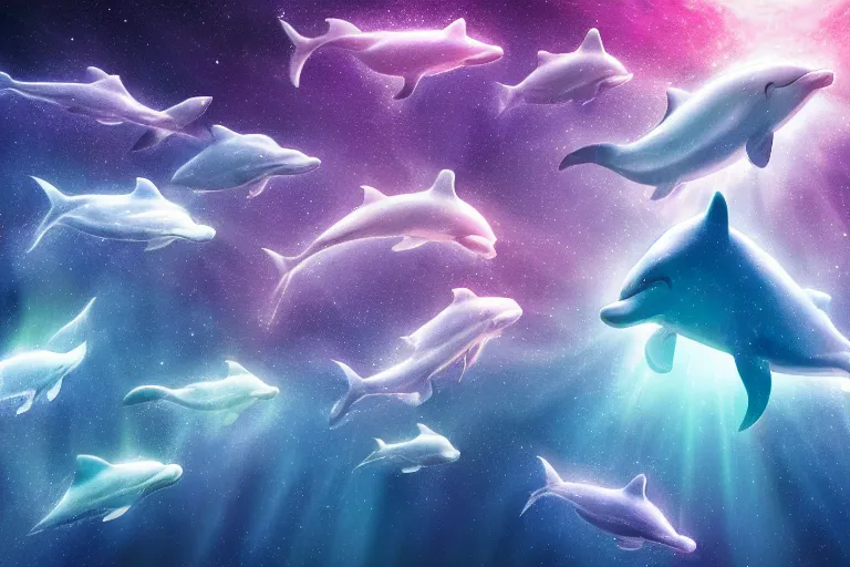 Image similar to a group of cosmic dolphins swimming and jumping out of a ocean of the cosmos, epic composition, 4 k