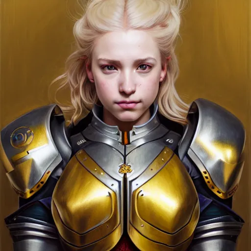 Prompt: Portrait of a girl with blonde hair wearing a heavy knight armor, Overwatch inspired, golden accents and armor by Donato Giancola, face, fantasy, intricate, elegant, highly detailed, digital painting, artstation, concept art, smooth, sharp focus, illustration, art by Wei Fan and Fernanda Suarez and Artem Demura and alphonse mucha