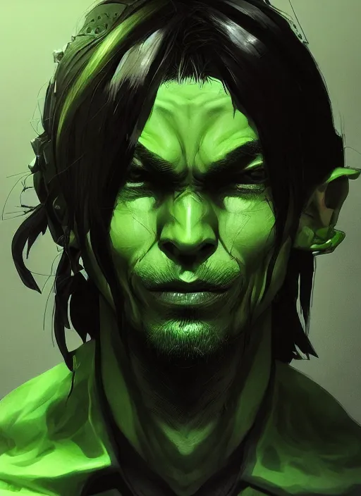 Prompt: portrait of a green skin handsome goblin mechanic with long black hair. in style of yoji shinkawa and hyung - tae kim, trending on artstation, dark fantasy, great composition, concept art, highly detailed, dynamic pose, vibrant colours.