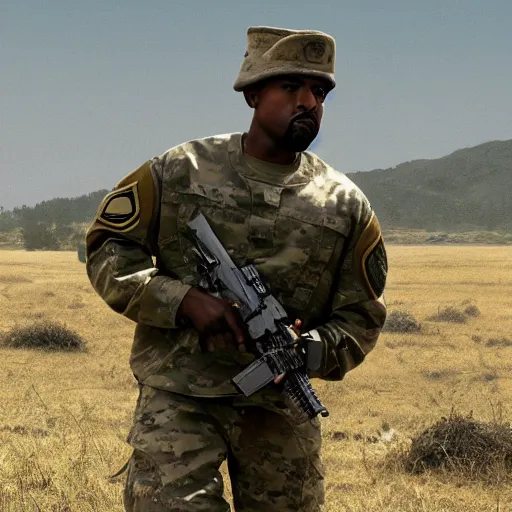 Image similar to kanye west as a us army soldier, cinematic lighting, photorealistic