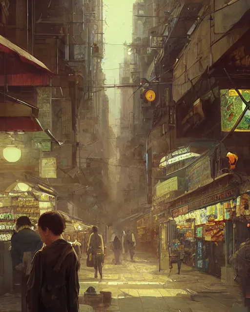 Image similar to a highly detailed epic cinematic concept art CG render digital painting artwork: Tokyo city market. By Greg Rutkowski, in the style of Francis Bacon and Syd Mead and Norman Rockwell and Beksinski, open ceiling, highly detailed, painted by Francis Bacon and Edward Hopper, painted by James Gilleard, surrealism, airbrush, Ilya Kuvshinov, WLOP, Stanley Artgerm, very coherent, triadic color scheme, art by Takato Yamamoto and James Jean