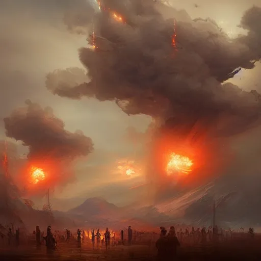 Prompt: thunder gods raining down fire, matte painting in the style of greg rutkowski and james gurney, trending on Artstation, digital art