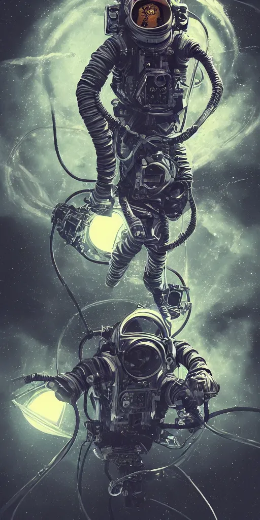 Prompt: eldritch astronaut with dark tendrils in deep space, retrofuturism, atompunk, dynamic composition, dramatic lighting, hyperrealistic, ultra detailed, nitro colors