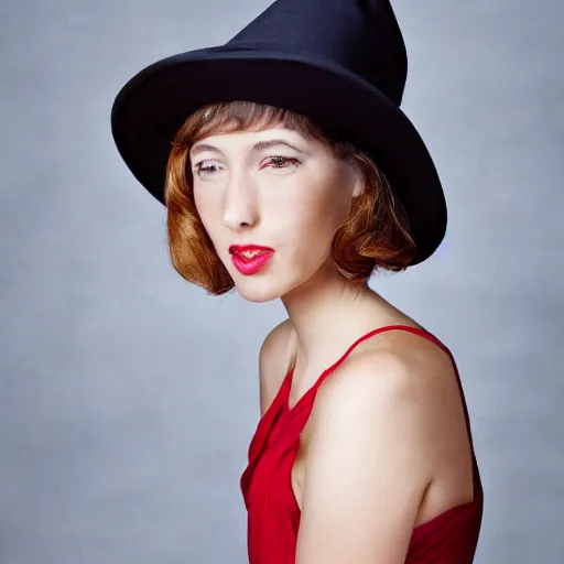 Prompt: beauty photographic portrait of half - length portrait of stunning girl in a red hat and black dress, kodak portra 4 0 0, 8 k, soft light, volumetric lighting, highly detailed,,