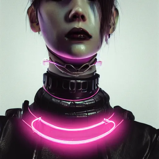 Image similar to detailed realistic female character cyberpunk wearing thick steel collar around neck, realistic, art, beautiful, 4K, collar, choker, collar around neck, punk, artstation, detailed, female, woman, choker, cyberpunk, neon, punk, collar, choker, collar around neck, thick collar, choker around neck, wearing choker, wearing collar,