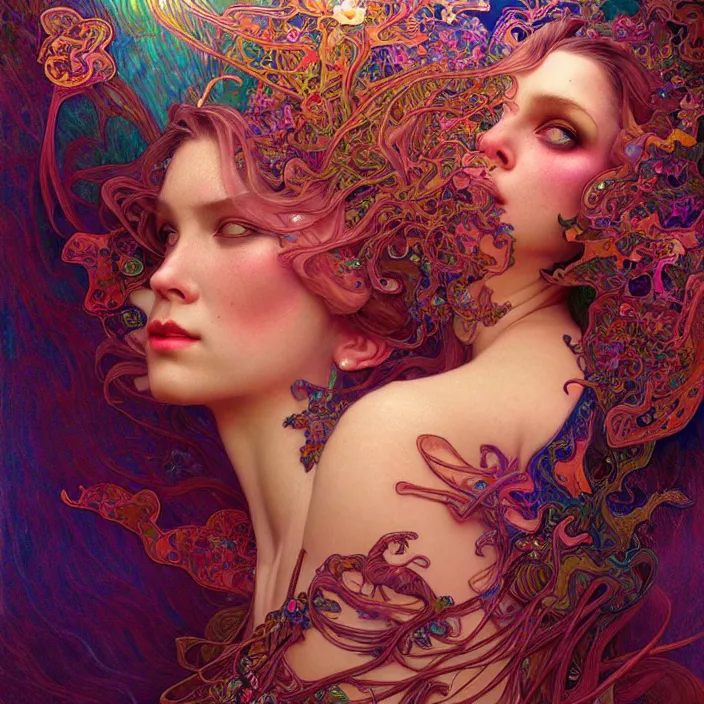 Image similar to extremely psychedelic warped LSD insanity, diffuse lighting, fantasy, intricate, elegant, highly detailed, lifelike, photorealistic, digital painting, artstation, illustration, concept art, smooth, sharp focus, art by John Collier and Albert Aublet and Krenz Cushart and Artem Demura and Alphonse Mucha