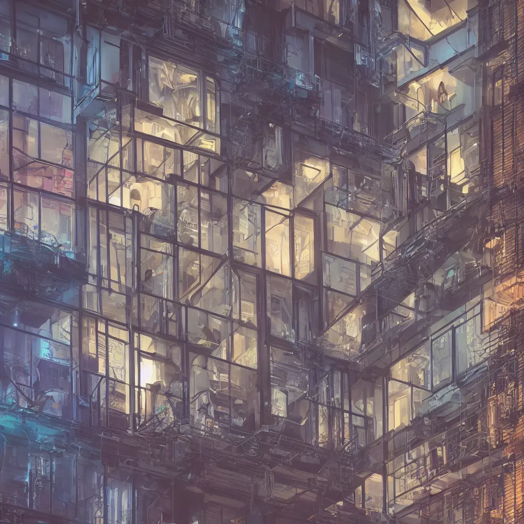 Image similar to a highly detailed loft apartment, neon backlit, round window, cyberpunk nightcity in the window, 8 k