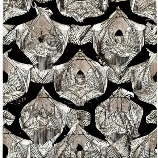 Image similar to a graphical pattern of white wolves into black geese by maurits cornelius escher, aerial view, scared black geese, angry white wolves, hexagonal pattern, intricate details, geese, wolves, screen print, frameless