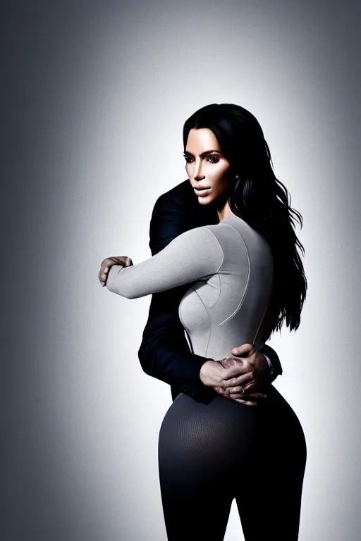 Prompt: johnny cash hugging kim kardashian, centered full body rear-shot, pov from rear, kim wearing skintight grey sportswear, real photo, photoshooting, studio light, Irish mountains background, intricate, epic lighting, cinematic composition, hyper realistic, 8k resolution, unreal engine 5