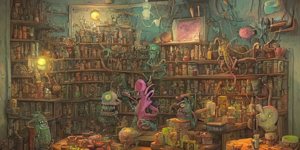 Prompt: a beautiful and highly detailed painting of an aaahh!!! Real Monsters apothecary by James Gurney and beeple | Unreal Engine: .4 | graphic novel, illustration: .5