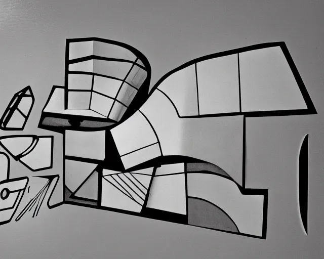 Prompt: photo of minimalist abstract cubist sculpture of curvy spaceship with random small mecha mayan decorations, covered with few large white airplane parts with windows and doors, as a relief mural