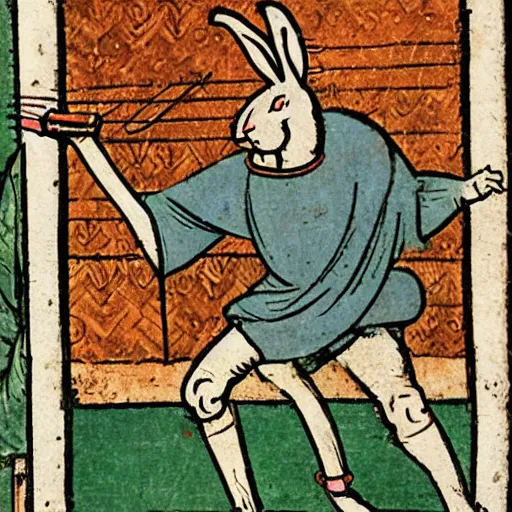 Image similar to a medieval book illustration of a rabbit playing tennis