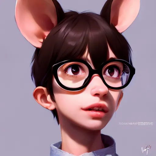 Prompt: character design portrait of an anthropomorphic furry rat girl with rat ears, wearing medium - sized glasses, eyelids half closed, slight smile, profile side - on perspective, concept art, by wlop, ilya kuvshinov, artgerm, krenz cushart, pixiv.