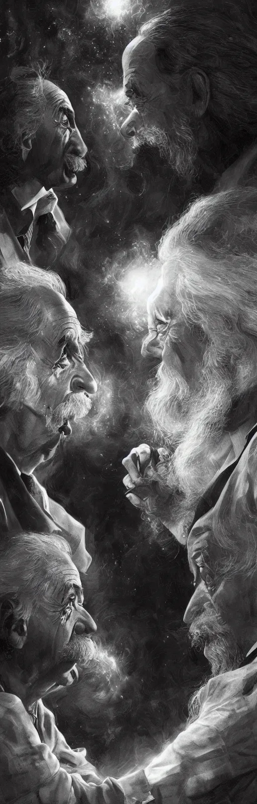 Image similar to Albert Einstein and Alan Watts having a metaphysical discussion, hyperdetailed artstation cgsociety by greg rutkowski and by Gustave Dore