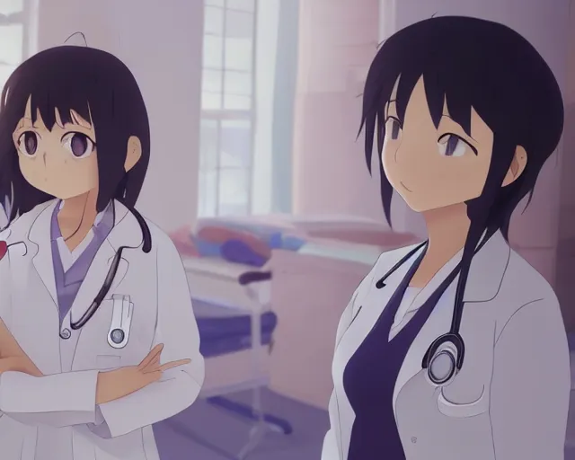 Image similar to a cute young female doctor wearing white coat with a little girl in a hospital, slice of life anime, lighting, anime scenery by Makoto shinkai