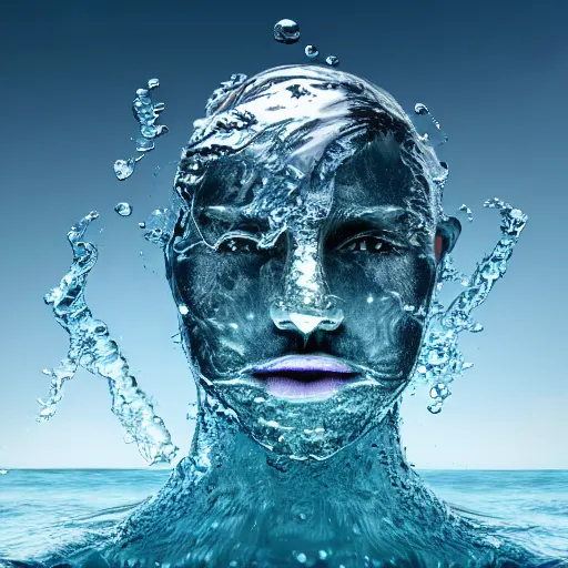 Image similar to water artwork manipulation in the shape of a human head, on the ocean water, ray tracing, realistic water sharp focus, long shot, 8 k resolution, cinematic, amazing water art