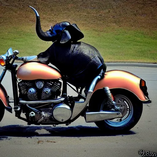 Image similar to elephant on a Harley Davidson on the road, funny picture