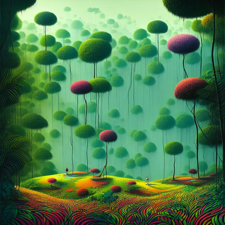 Prompt: surreal glimpse, malaysia jungle, summer morning, very coherent and colorful high contrast, art by gediminas pranckevicius, ross tran, floralpunk screen printing woodblock, dark shadows, hard lighting, stippling dots,