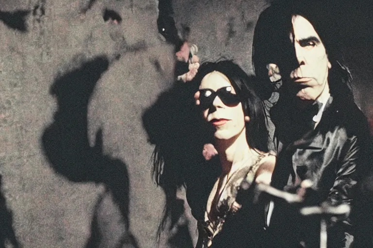 Image similar to technicolor film still of nick cave and pj harvey in rome