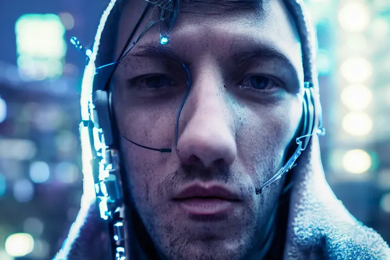 Image similar to cyberpunk hacker closeup portrait in high tech compound by Emmanuel Lubezki