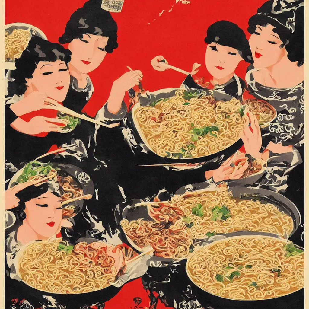 Image similar to 2 beautiful women eating a bowl of ramen, 1920s poster art