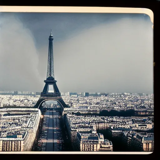 Image similar to extensive smoke rising from the top of the eiffel tower, aerial view, several police cars and crowds running across the ground, polaroid, 6 0's, hyperrealism, no blur, 4 k resolution, ultra detailed