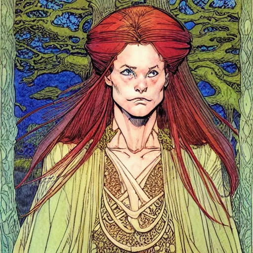 Image similar to a realistic portrait of sanna!!!!! marin!!!!!, the young beautiful female prime minister of finland as a druidic wizard by rebecca guay, michael kaluta, charles vess and jean moebius giraud