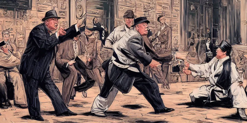 Prompt: Winston Churchill teaching Trump karate. Epic painting by James Gurney and Laurie Greasley.